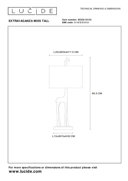 Lucide EXTRAVAGANZA MISS TALL - Lampe de table - Ø 25 cm - 1xE27 - Or Mat / Laiton - TECHNISCH